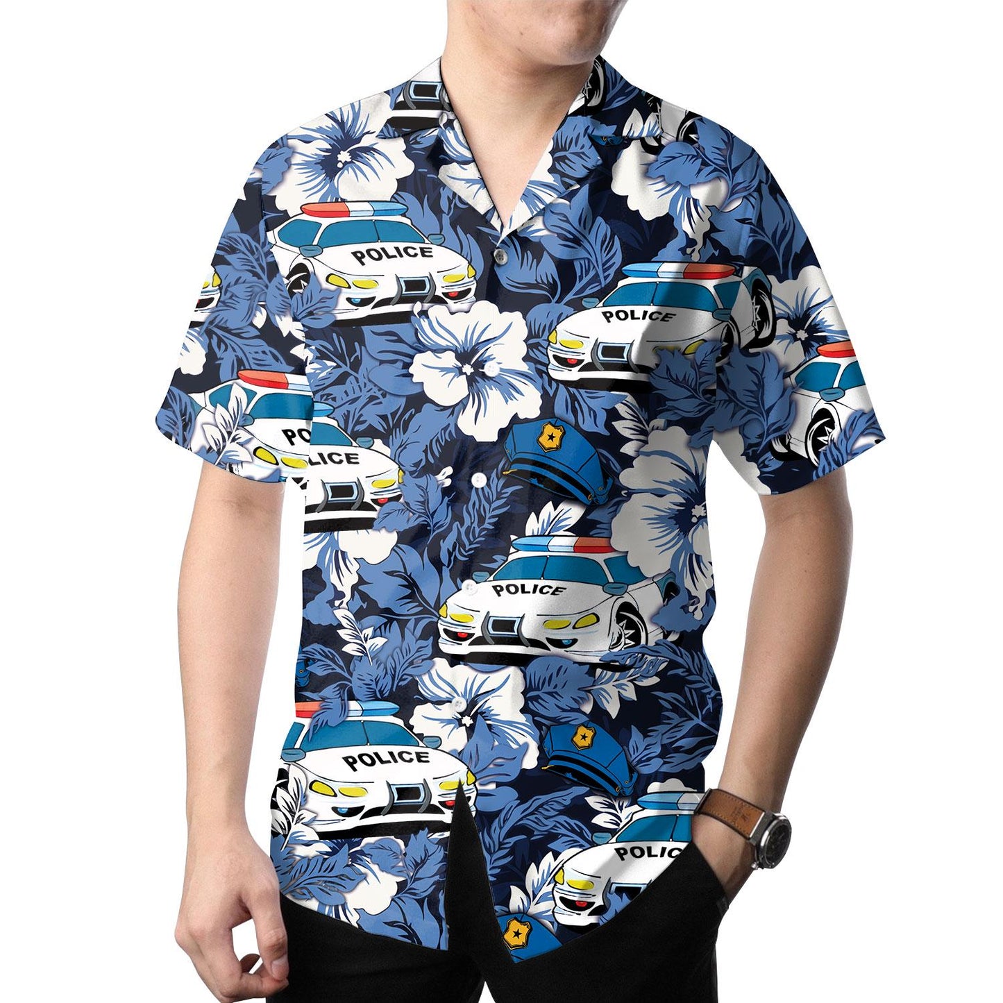 Model wearing blue police car floral Hawaiian shirt