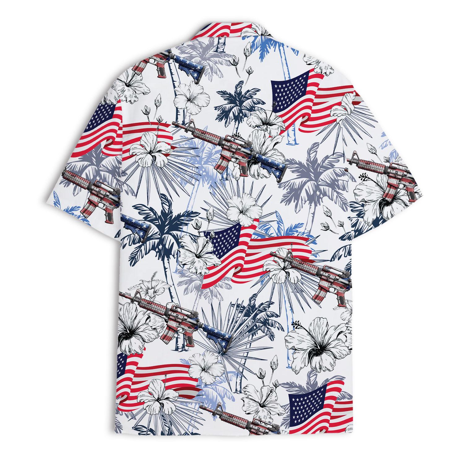 Back view of American flag and hibiscus Hawaiian shirt with rifle illustrations