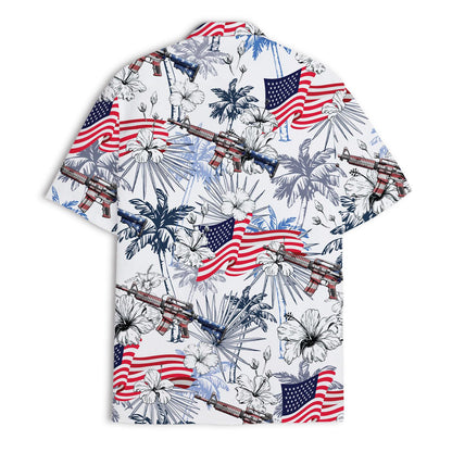 Back view of American flag and hibiscus Hawaiian shirt with rifle illustrations