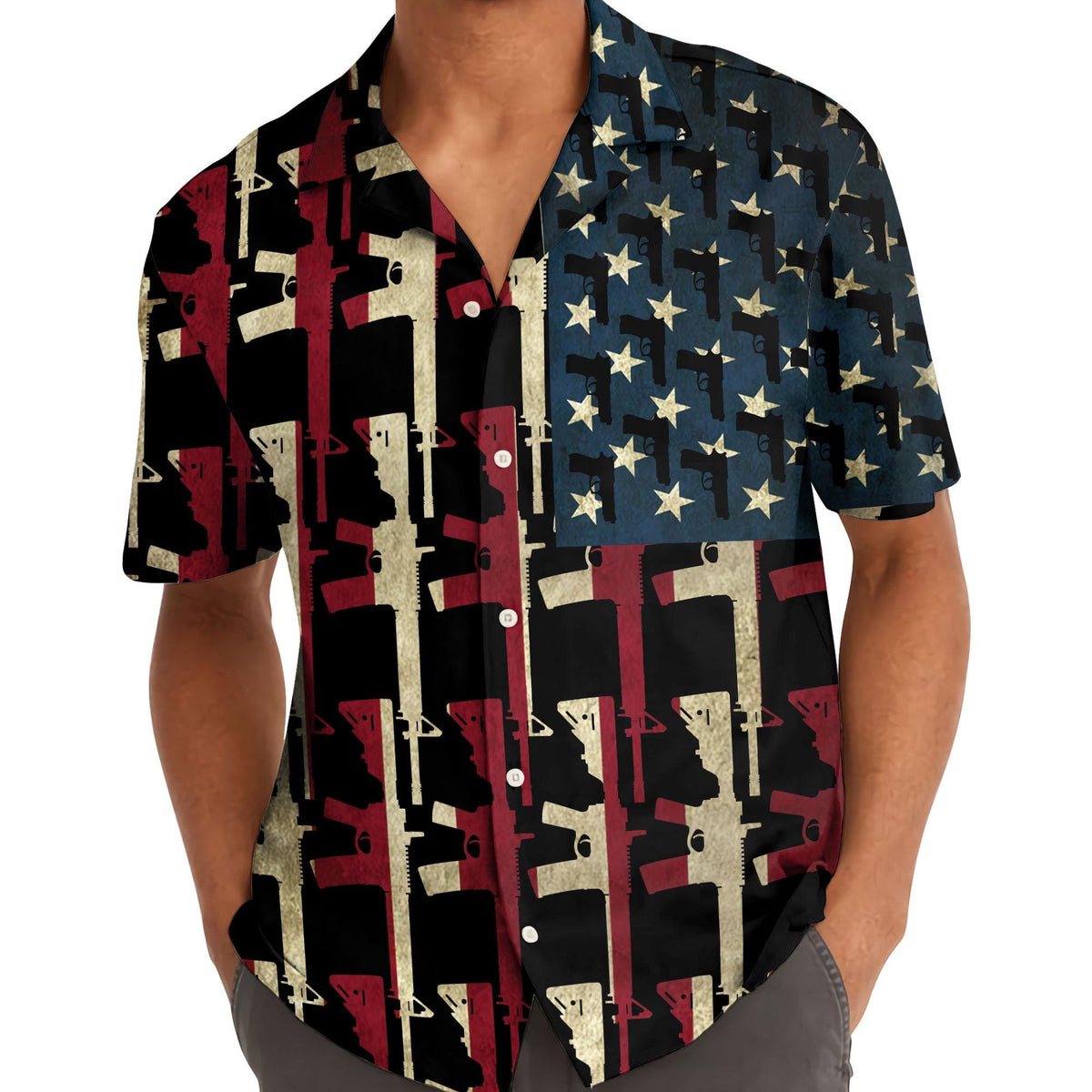 Model wearing a patriotic rifle pattern Hawaiian shirt with blue star detailing