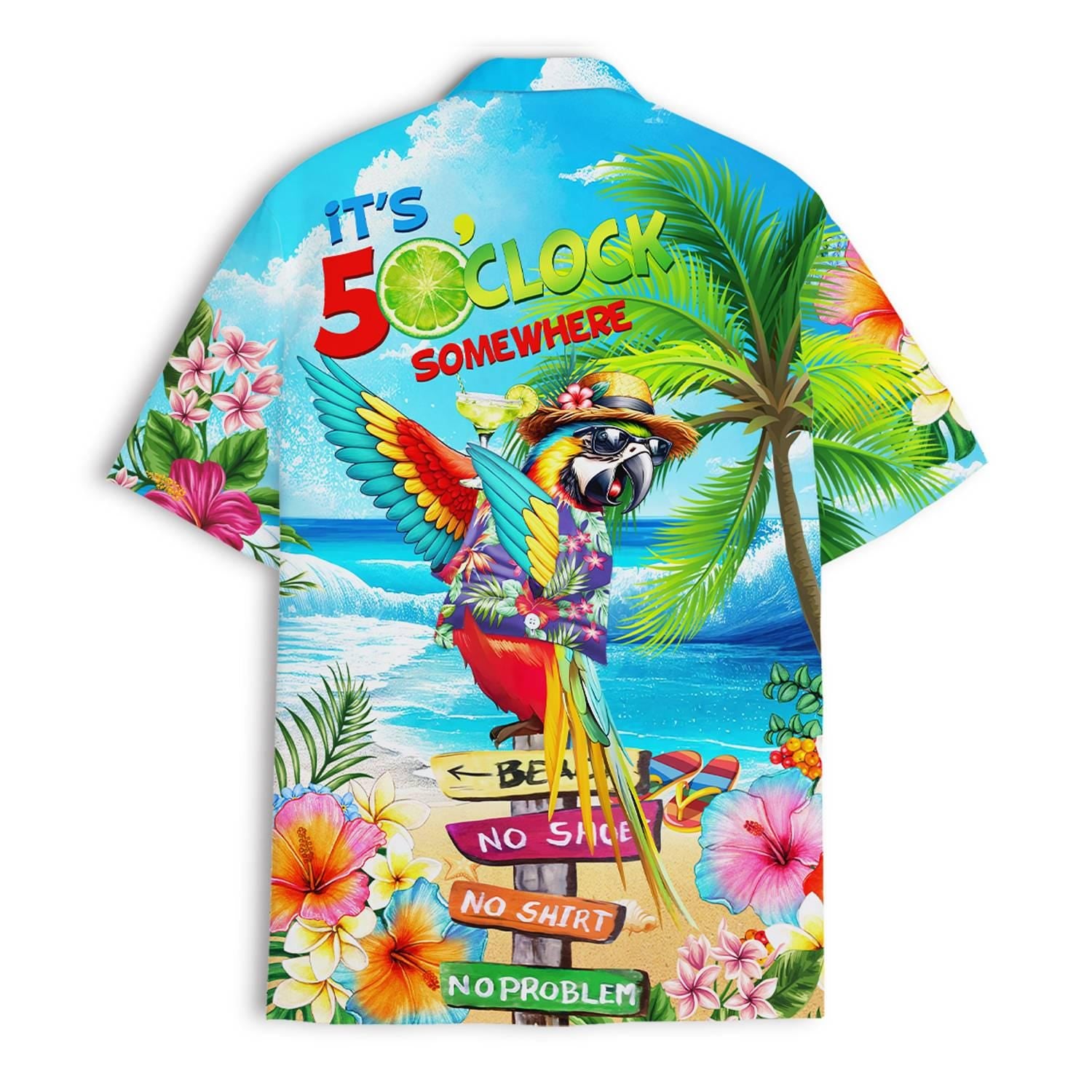 Back view of tropical beach Hawaiian shirt with palm trees and hibiscus flowers
