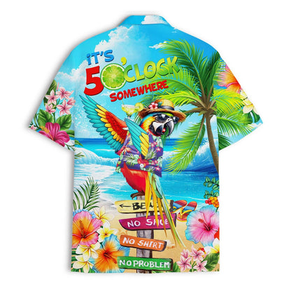 Back view of tropical beach Hawaiian shirt with palm trees and hibiscus flowers