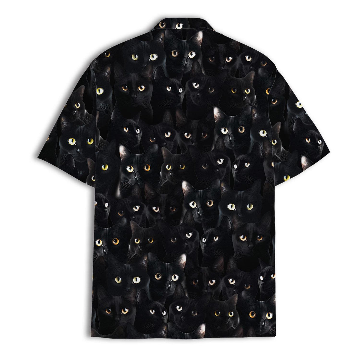 Back view of a short-sleeve black Hawaiian shirt with an all-over cat face print
