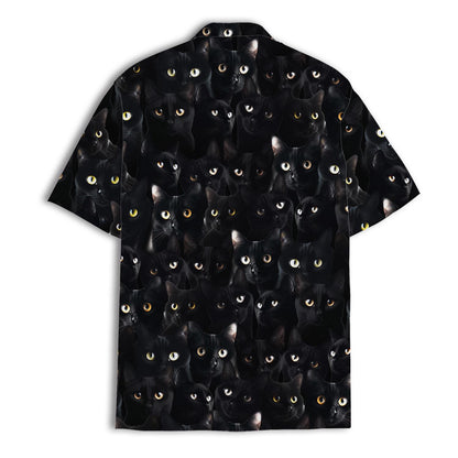 Back view of a short-sleeve black Hawaiian shirt with an all-over cat face print