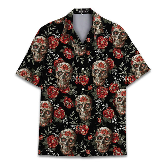 Black Hawaiian shirt with a repeating skull, red rose, and leafy floral pattern