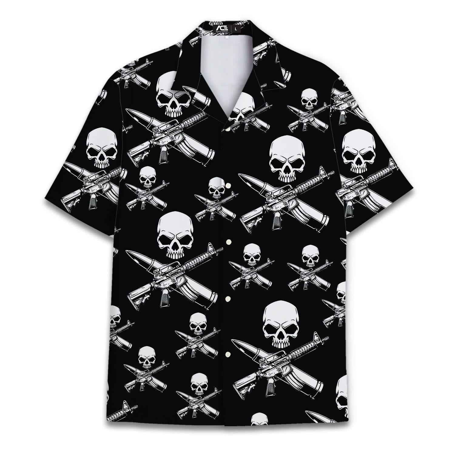 Front view of a black Hawaiian shirt with an all-over white skull and crossed rifle print