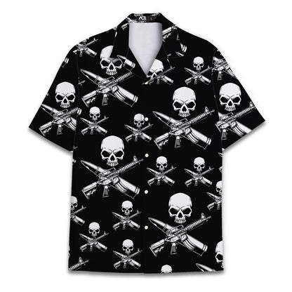 Front view of a black Hawaiian shirt with an all-over white skull and crossed rifle print