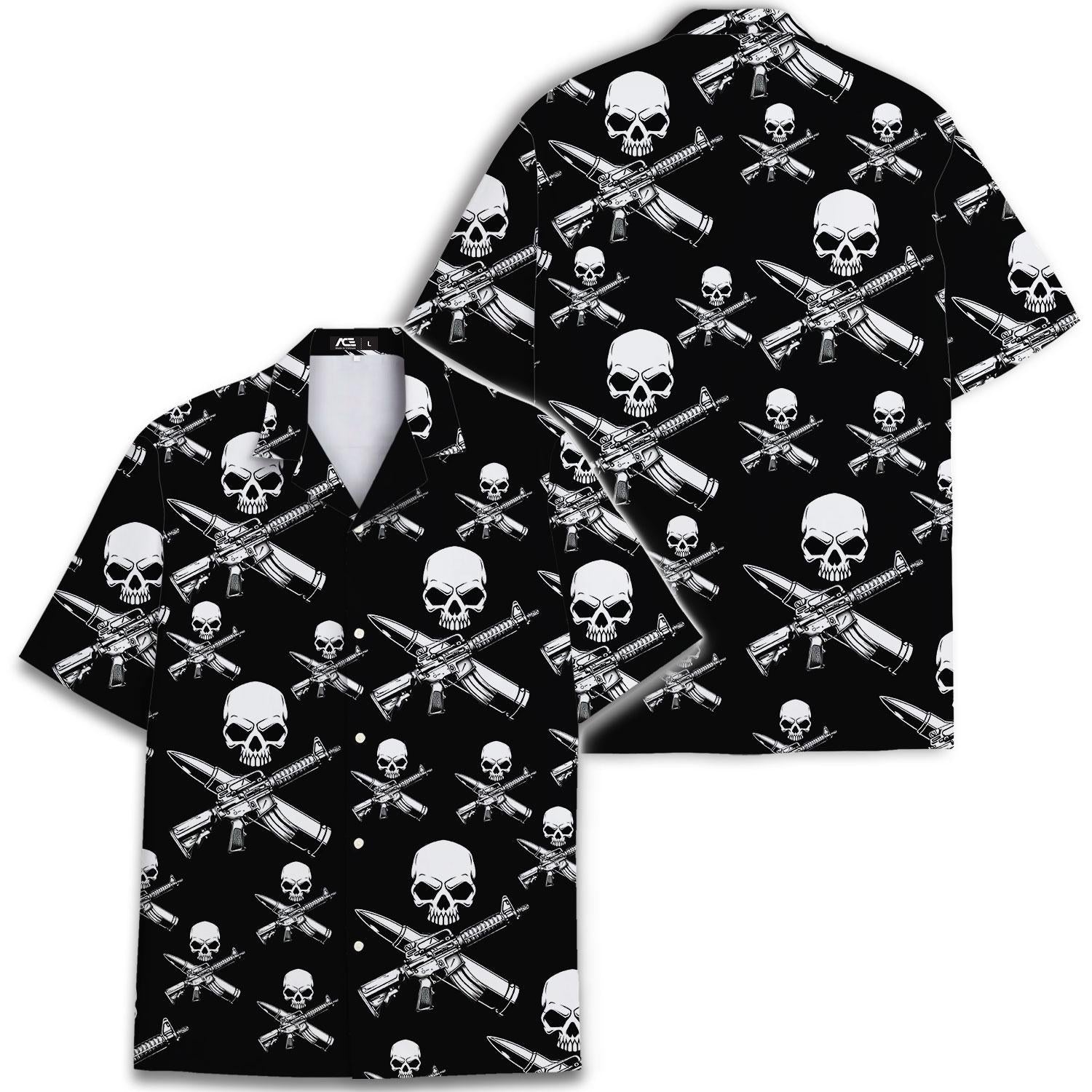 Two views of the black skull and crossed rifle Hawaiian shirt