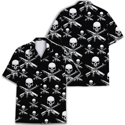 Two views of the black skull and crossed rifle Hawaiian shirt