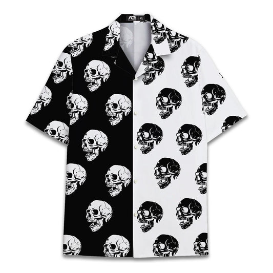 Front view of black and white split skull Hawaiian shirt with repeating print