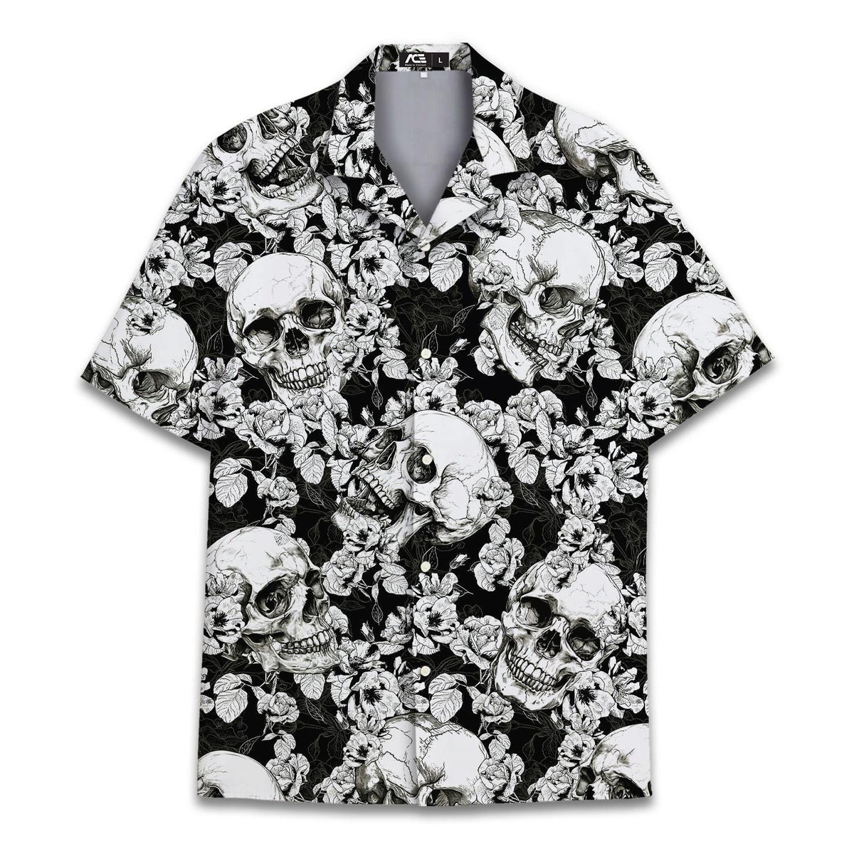 Black and white skull and floral Hawaiian shirt shown from the front