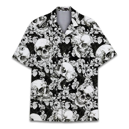 Black and white skull and floral Hawaiian shirt shown from the front