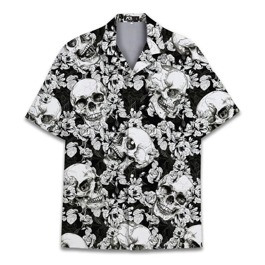 Black and white skull and floral Hawaiian shirt shown from the front