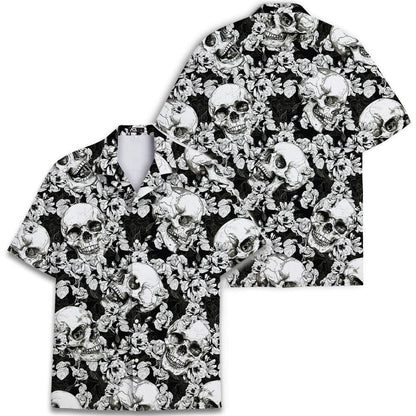 Black and white skull Hawaiian shirt shown with front and back views