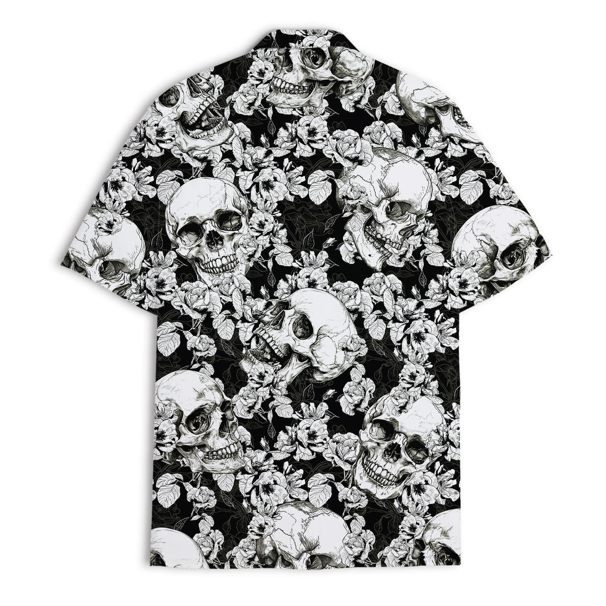 Back view of a black and white floral skull Hawaiian shirt