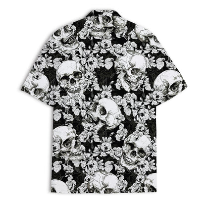 Back view of a black and white floral skull Hawaiian shirt