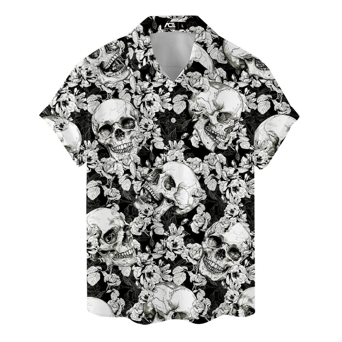 Flat lay front view of a short sleeve skull Hawaiian shirt