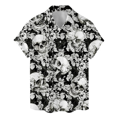 Flat lay front view of a short sleeve skull Hawaiian shirt