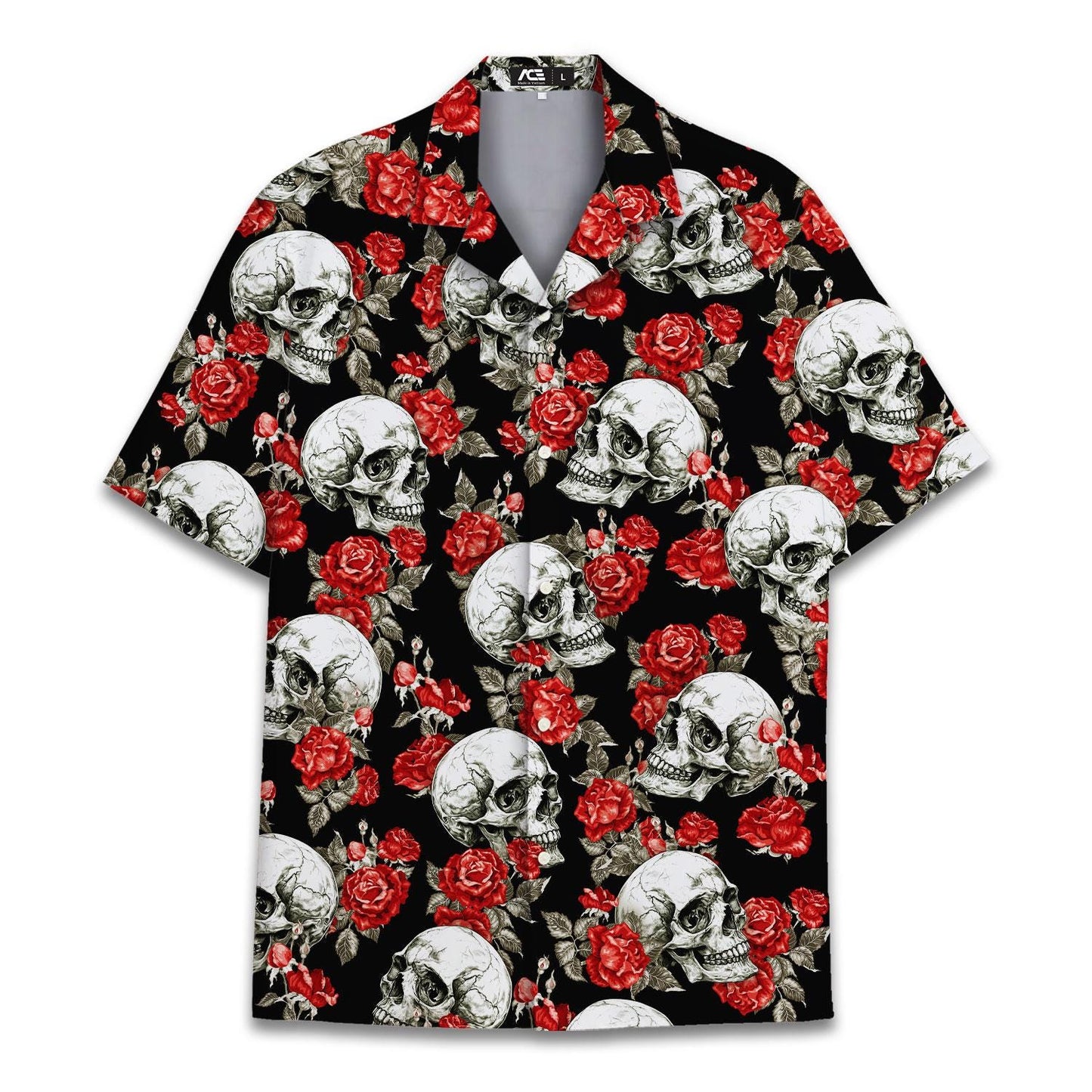 Black Hawaiian shirt with an all-over skull and red rose print