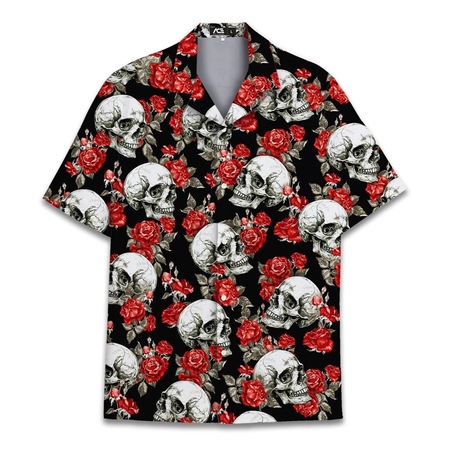 Black Hawaiian shirt with an all-over skull and red rose print