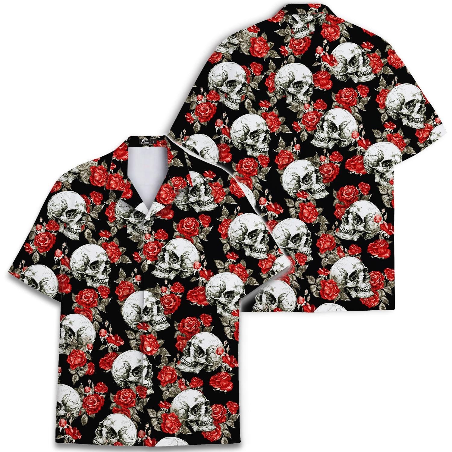 Front and back views of a black skull and rose Hawaiian shirt
