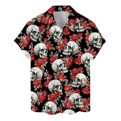 Black button-front Hawaiian shirt featuring skulls and red roses
