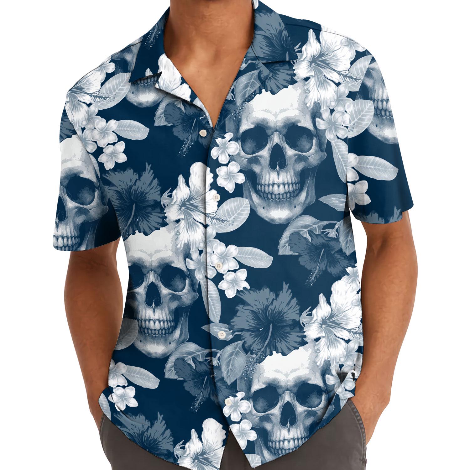 Front view of a button-front skull floral Hawaiian shirt