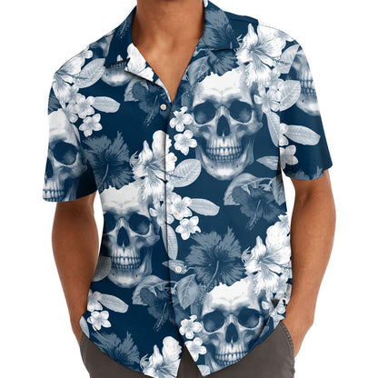 Front view of a button-front skull floral Hawaiian shirt