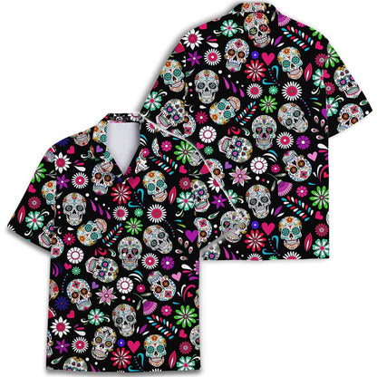 Front and back views of a colorful sugar skull Hawaiian shirt