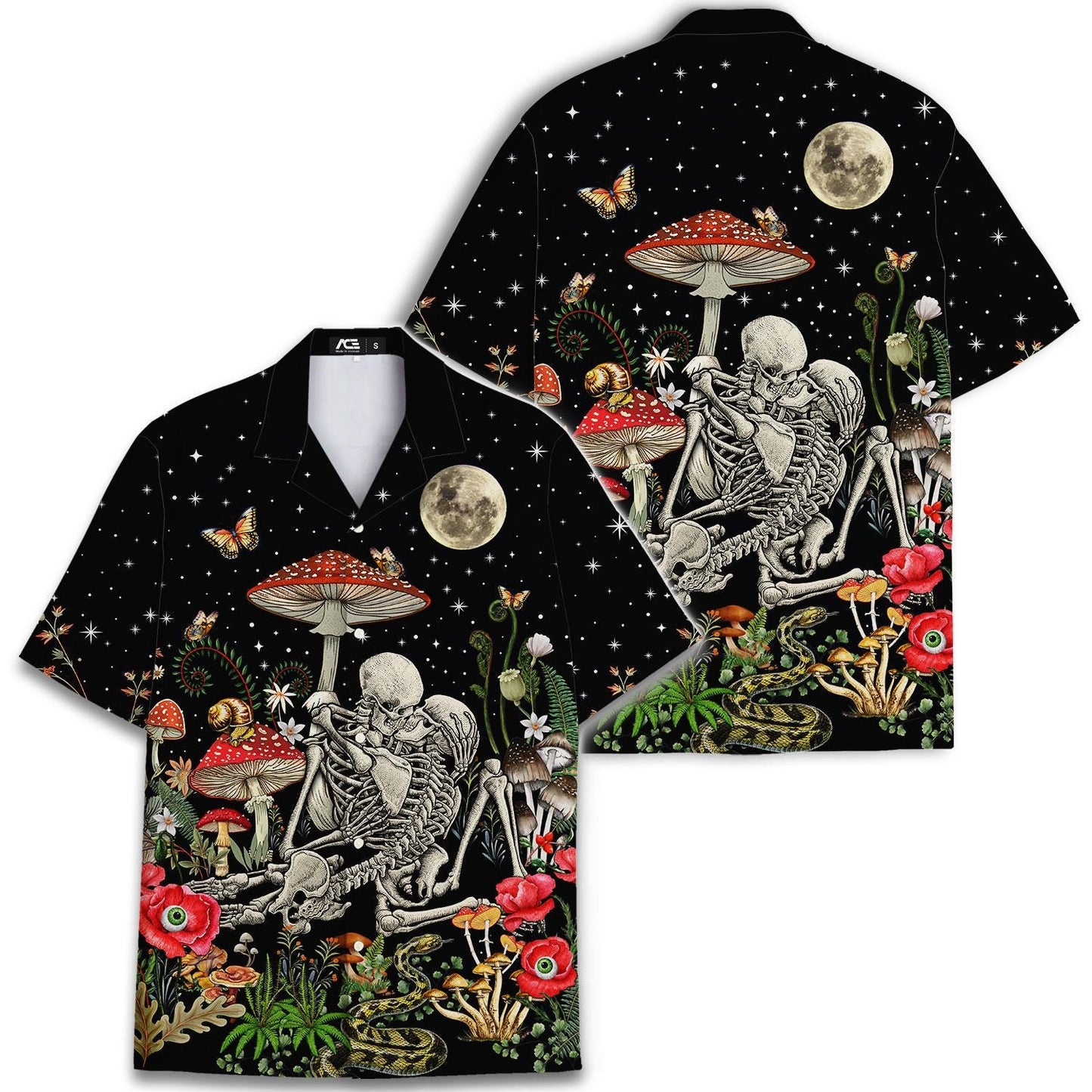 Front and back views of gothic skeleton mushroom Hawaiian shirt