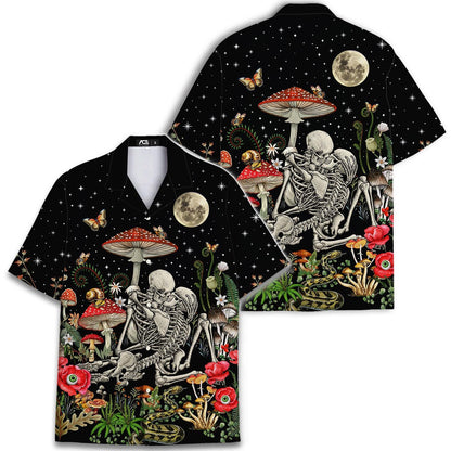 Front and back views of gothic skeleton mushroom Hawaiian shirt