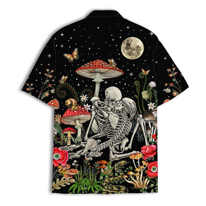 Back view of black Hawaiian shirt with skeleton couple and fantasy forest artwork