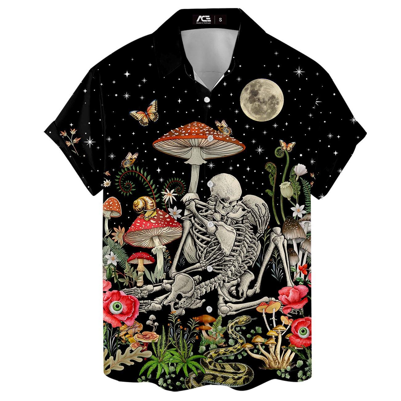 Flat front view of short sleeve skeleton and mushroom Hawaiian shirt