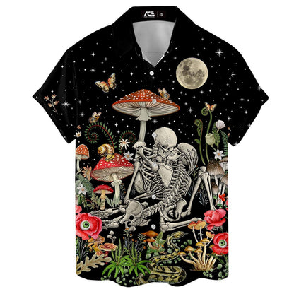 Flat front view of short sleeve skeleton and mushroom Hawaiian shirt