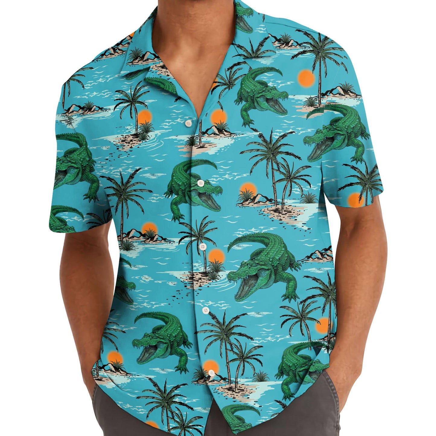 Model wearing turquoise crocodile and palm tree Hawaiian shirt
