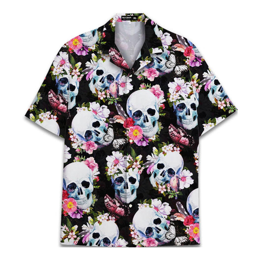Black Hawaiian shirt with repeating skulls, flowers, butterflies, and short sleeves