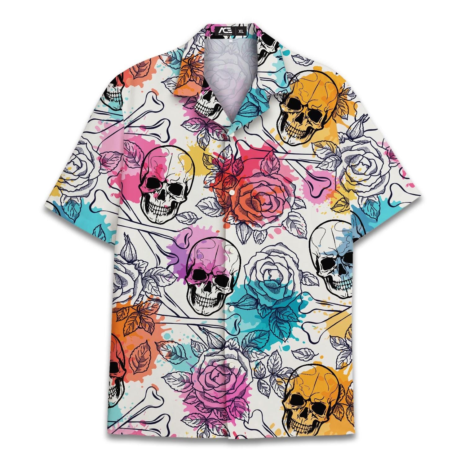 Front view of colorful skull and rose Hawaiian shirt