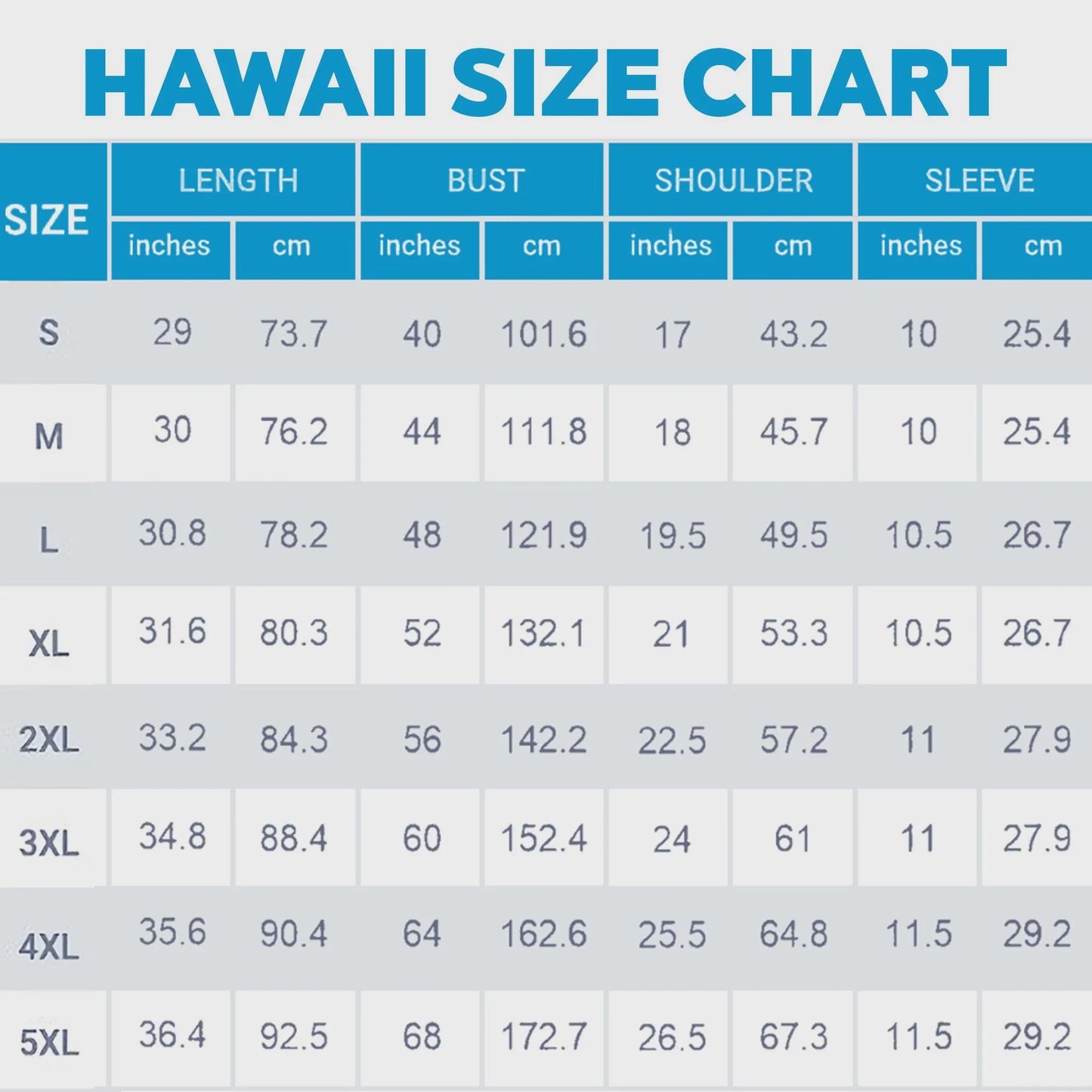 Hawaiian shirt size chart with length, bust, shoulder, and sleeve measurements