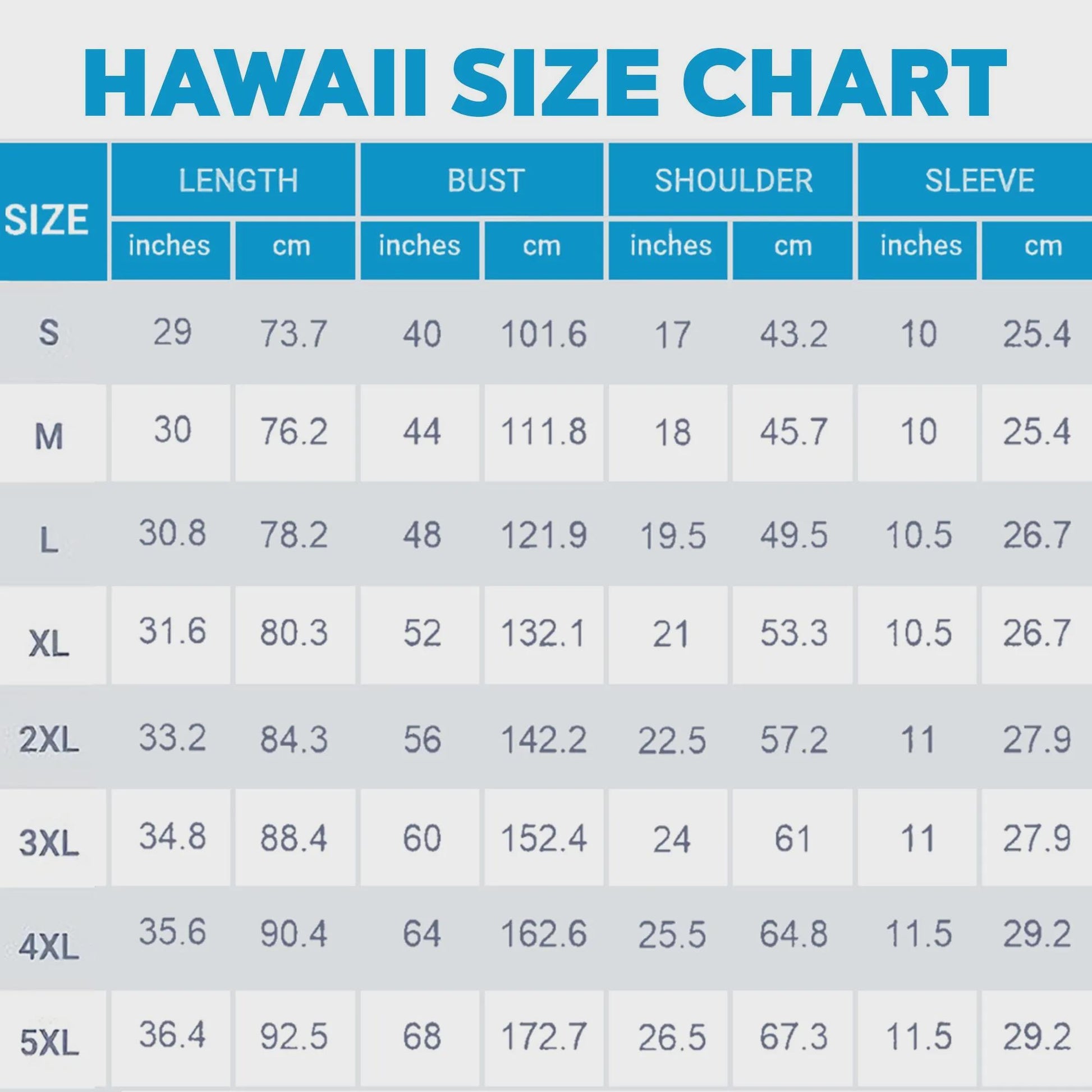 Hawaiian shirt size chart with length, bust, shoulder, and sleeve measurements