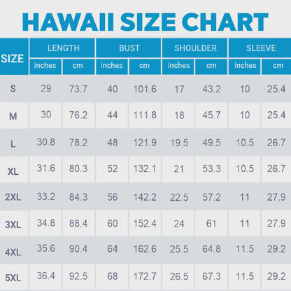 Hawaiian shirt size chart with length, bust, shoulder, and sleeve measurements