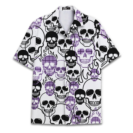Front view of black and purple skull pattern Hawaiian shirt