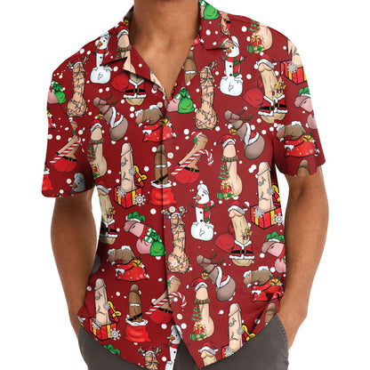 Model wearing a red Christmas character Hawaiian shirt