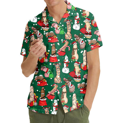 Model wearing the green Christmas Hawaiian shirt with colorful festive figures and gifts