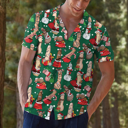 Model wearing the Christmas Hawaiian shirt outdoors with the holiday pattern clearly visible