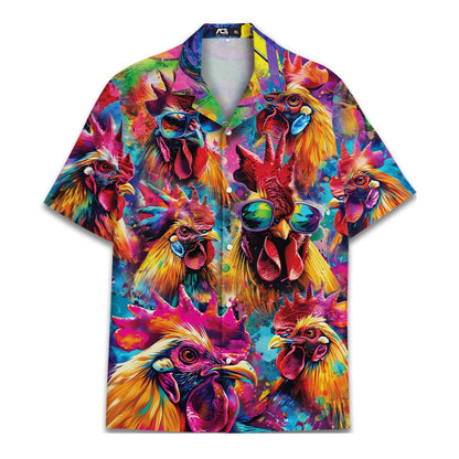 Front view of a colorful rooster Hawaiian shirt with sunglasses artwork