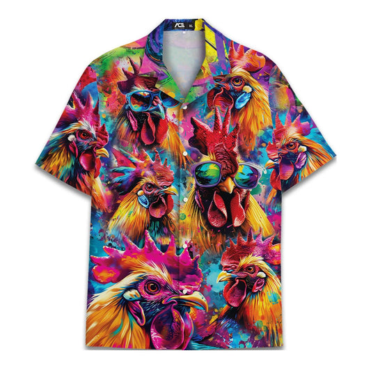 Front view of a colorful rooster Hawaiian shirt with sunglasses artwork