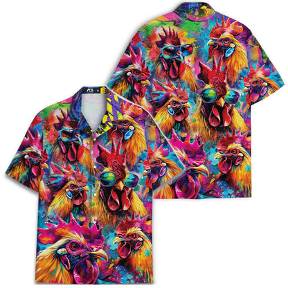 Front and back views of a vibrant all-over rooster Hawaiian shirt