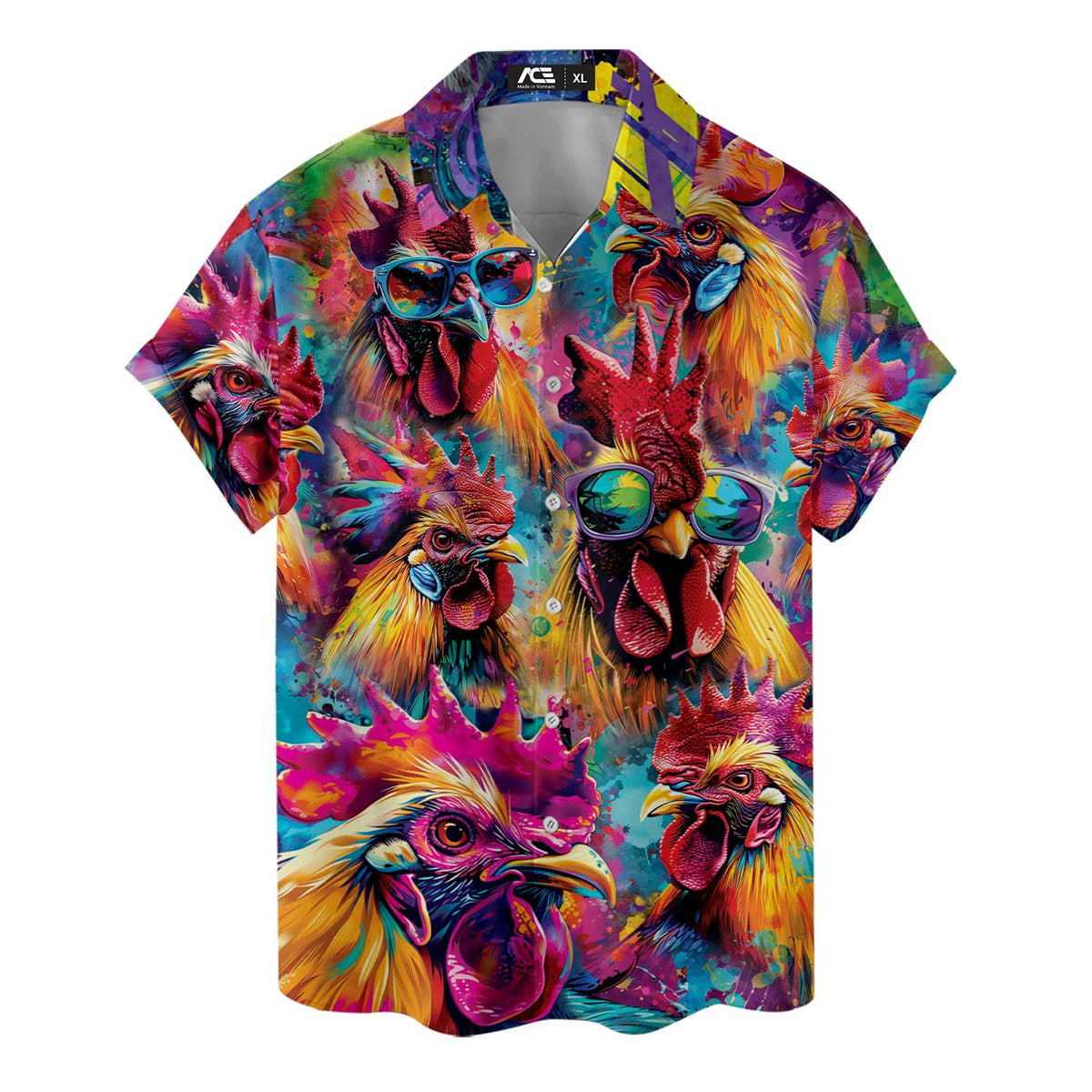 Flat front view of a short-sleeve rooster Hawaiian shirt