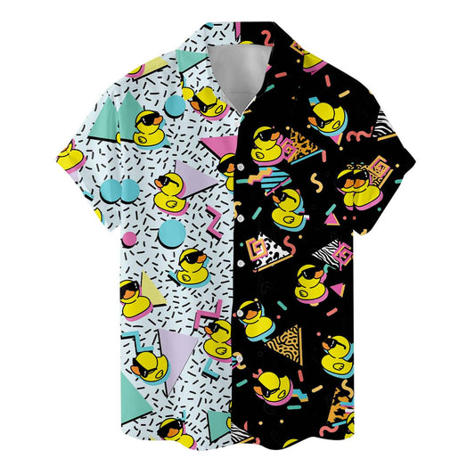 Front view of a retro duck Hawaiian shirt with a split black and light blue pattern