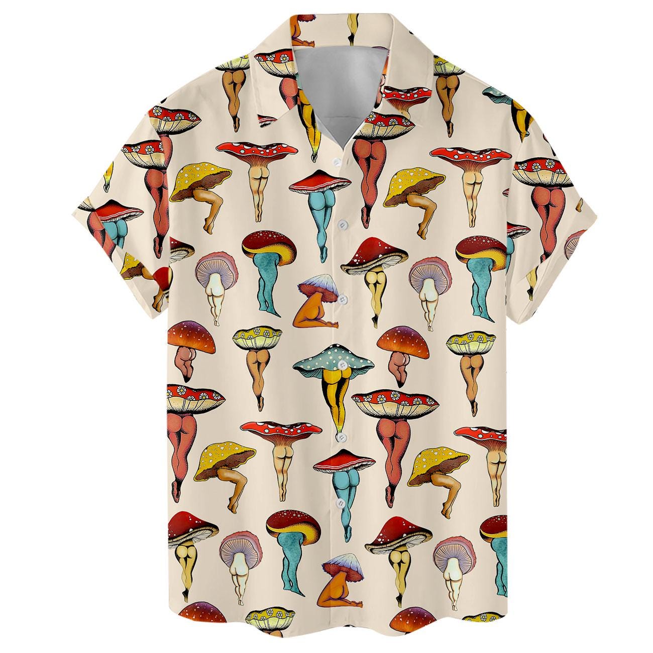 Front view of a short-sleeve mushroom Hawaiian shirt with collared button-front design